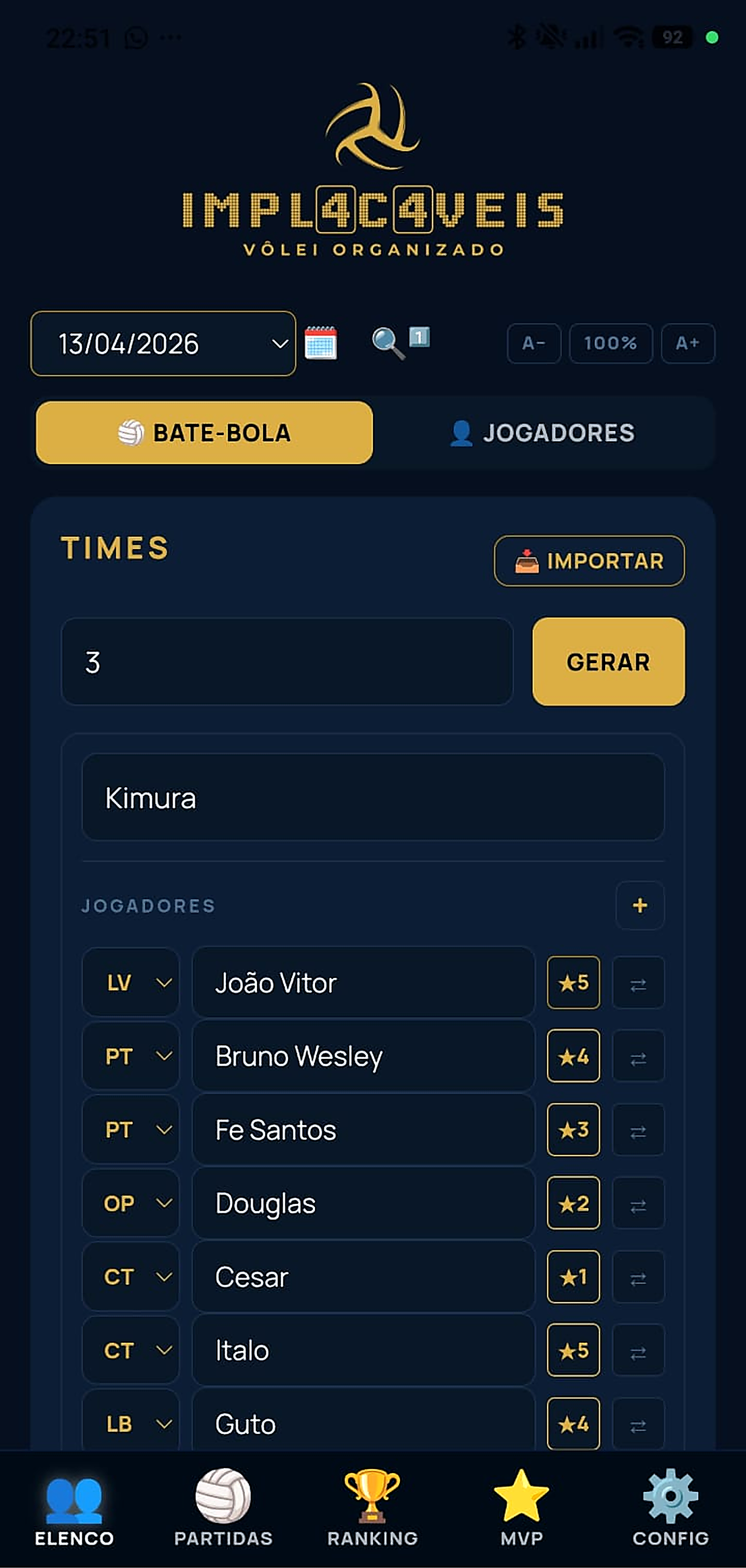 Tela de geração de times do app IMPL4C4VEIS