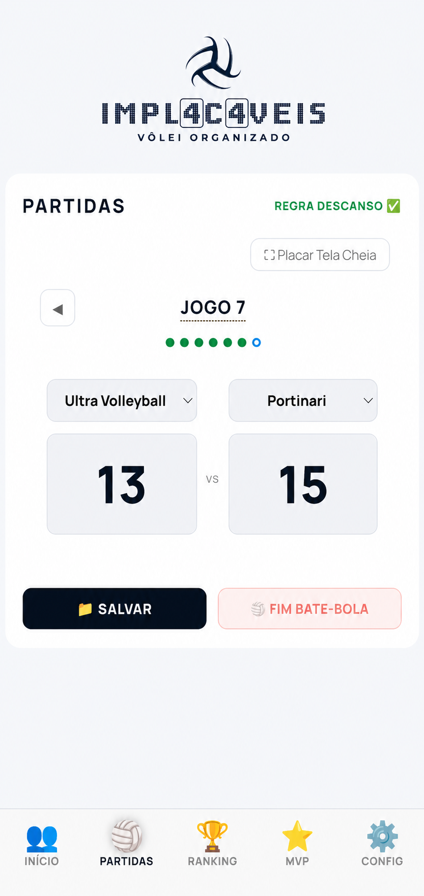 Tela de placar do app IMPL4C4VEIS