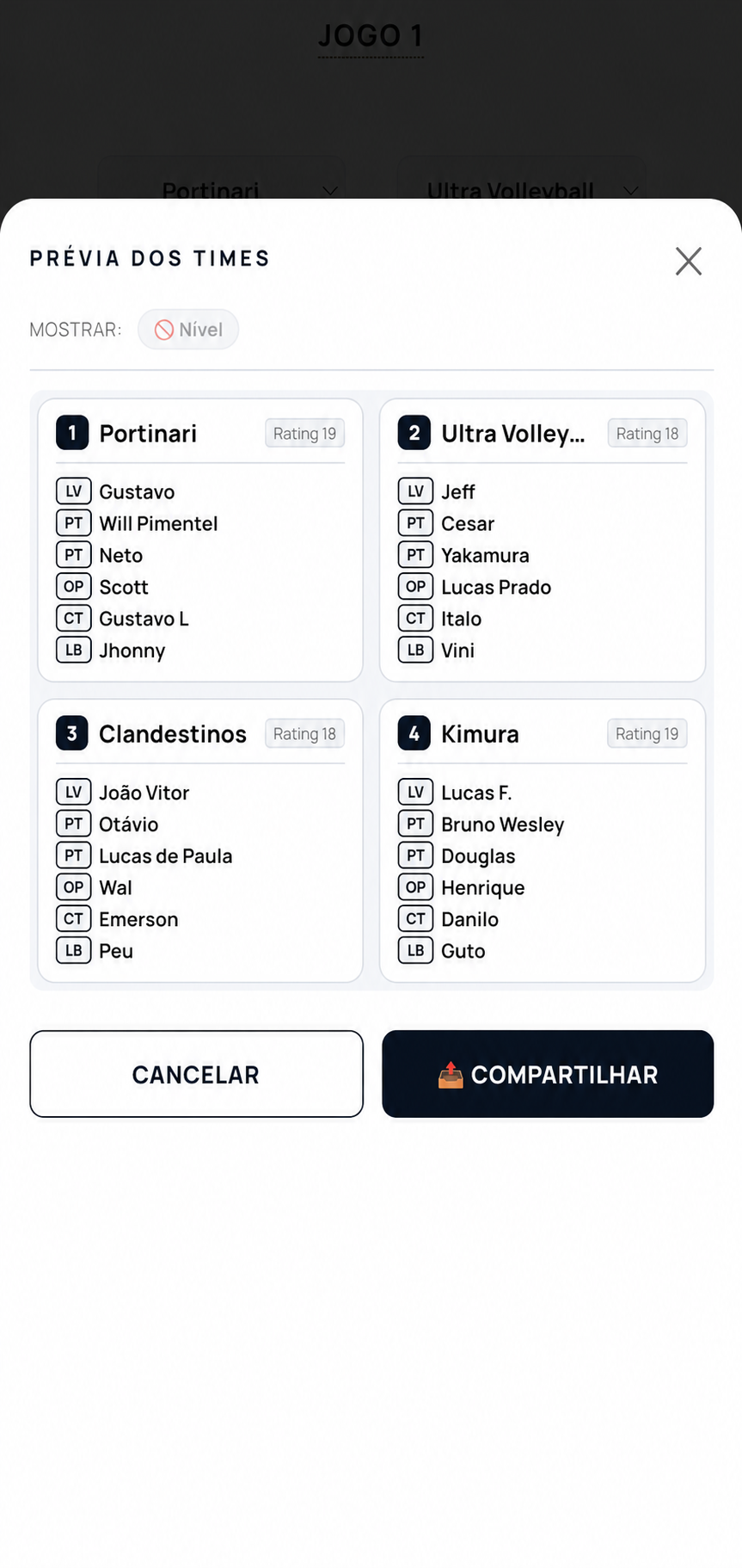 Tela de times montados do app IMPL4C4VEIS